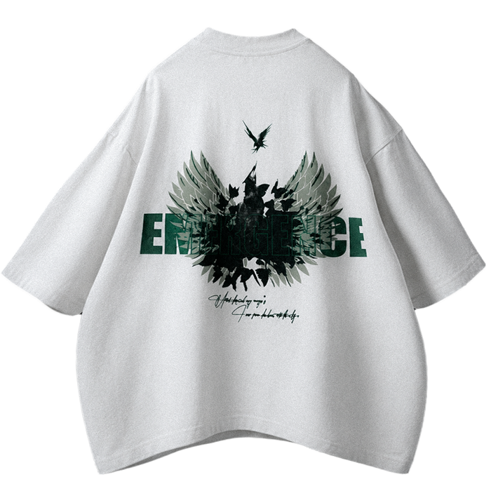 EMERGENCE [LTD] in Optic White — back print, oversized heavy cotton tee · YTHRAL©